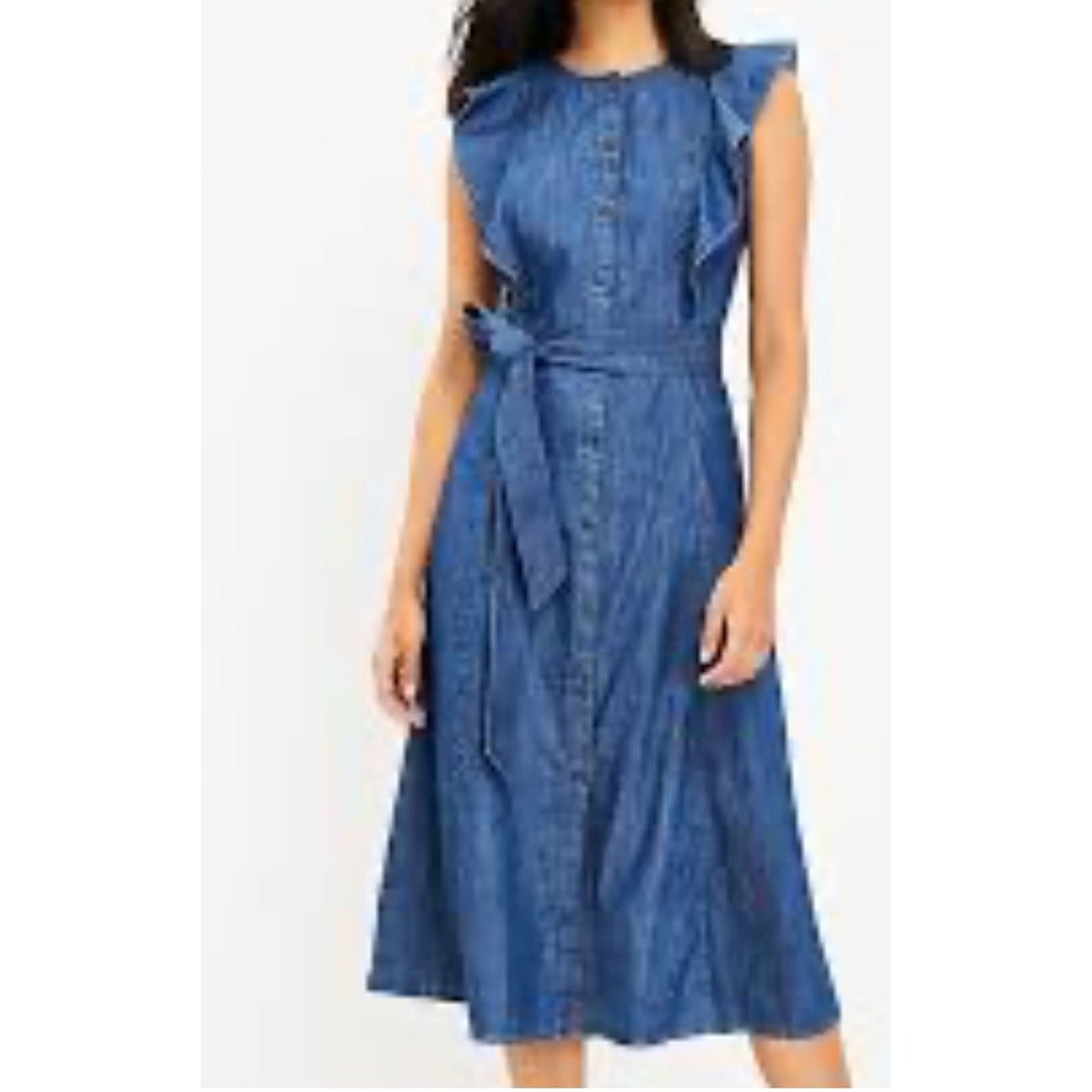 Loft Chambray Ruffle Belted Denim Button-Down Midi Dress Women's 8‎